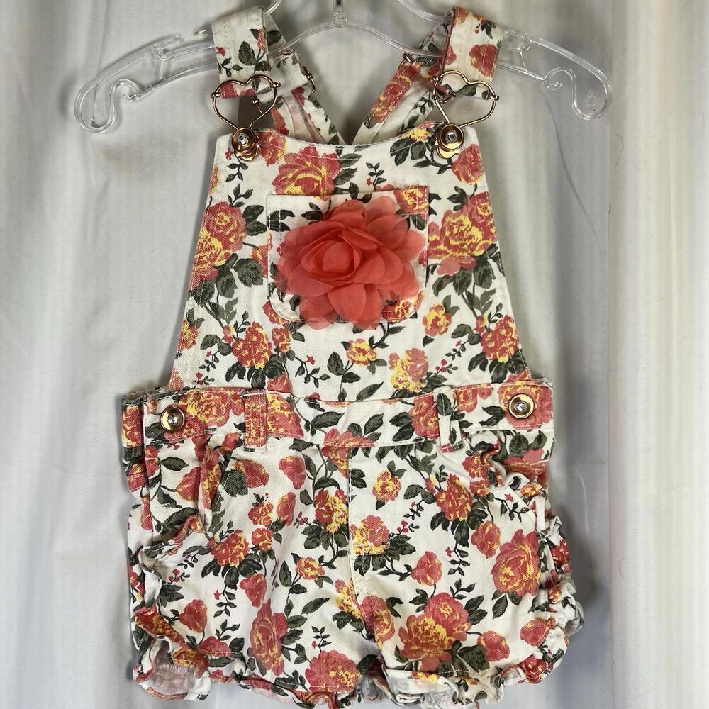 Little Lass Floral Overall Shorts White Peach 24 Months EUC CUTE